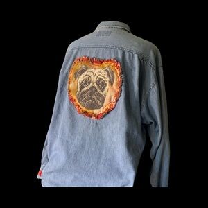 Upcycled Denim Boyfriend Button-Up Pug Shirt with Red Accents and Embellishments